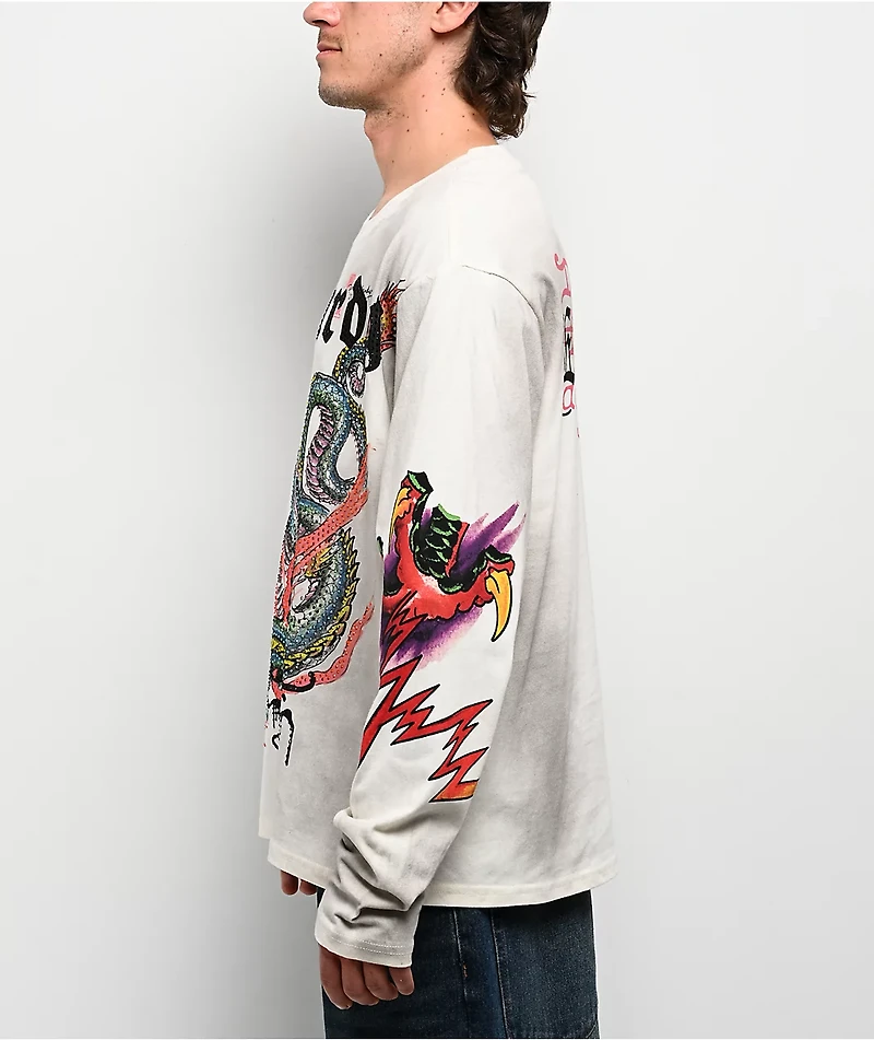 Ed Hardy Dragon Rhinestone Ivory Long Sleeve T-Shirt