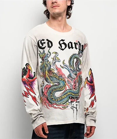 Ed Hardy Dragon Rhinestone Ivory Long Sleeve T-Shirt