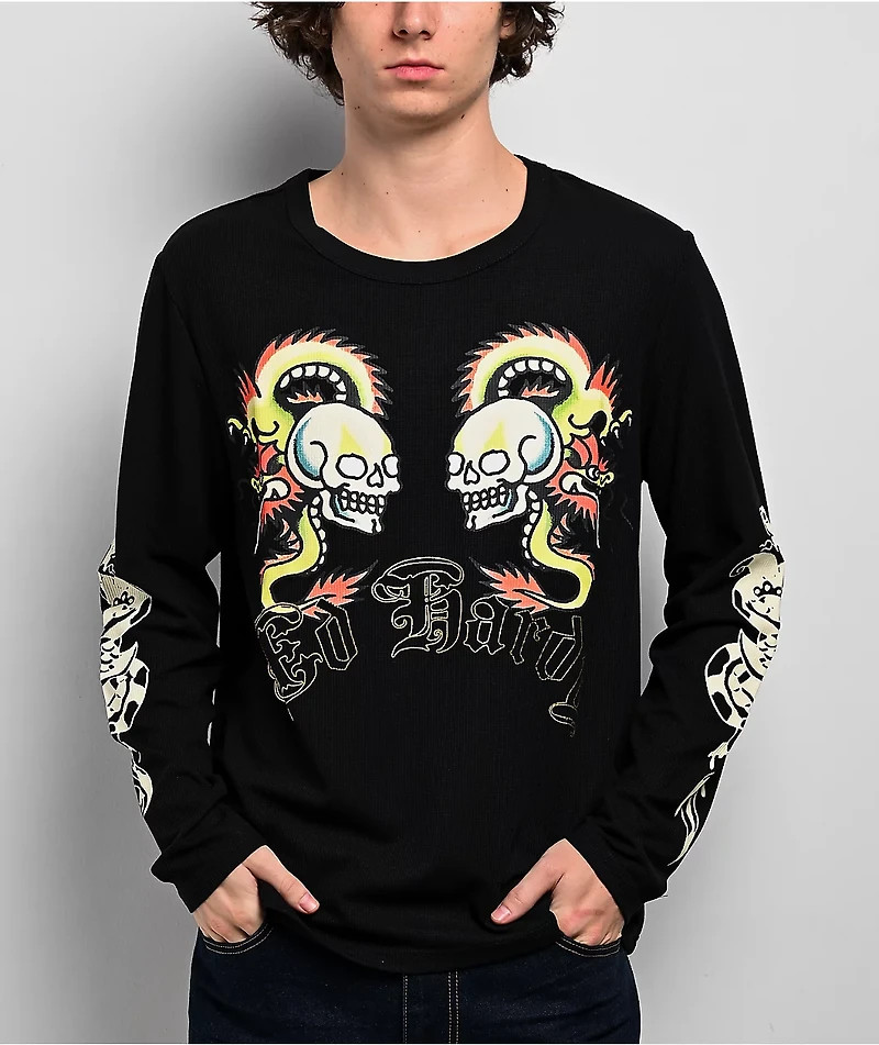 Ed Hardy Dragon Skull Black Thermal Long Sleeve T-Shirt