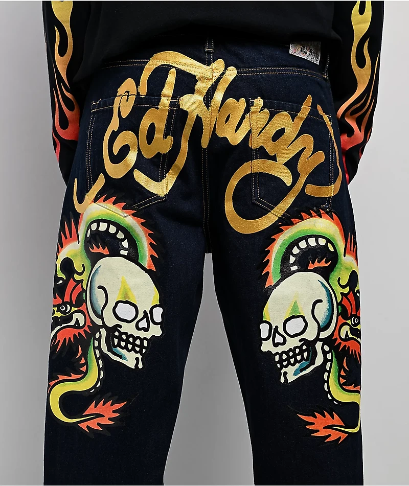 Ed Hardy Dragon Skull Raw Denim Baggy Jeans