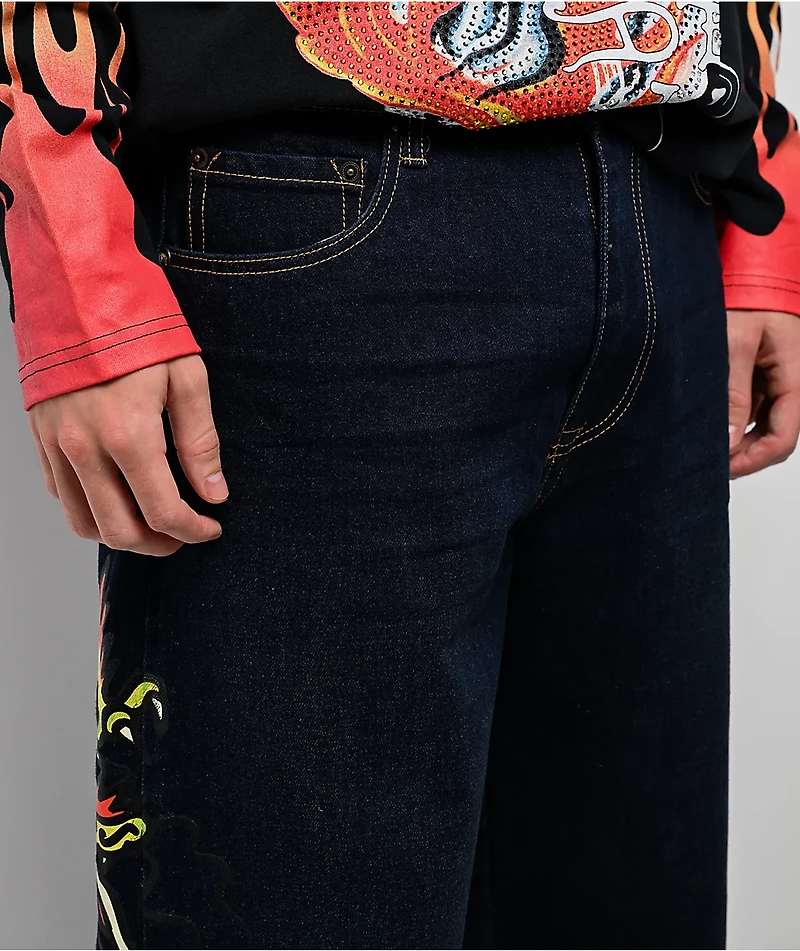 Ed Hardy Dragon Skull Raw Denim Baggy Jeans