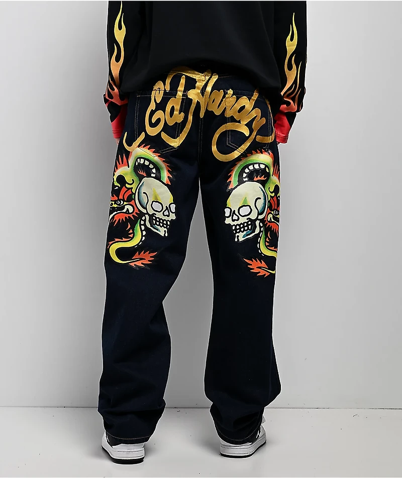 Ed Hardy Dragon Skull Raw Denim Baggy Jeans