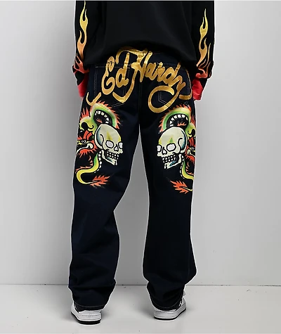 Ed Hardy Dragon Skull Raw Denim Baggy Jeans