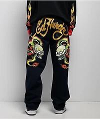 Ed Hardy Dragon Skull Raw Denim Baggy Jeans