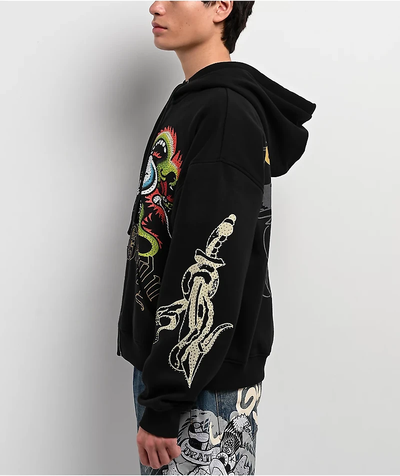 Ed Hardy Dragon Skull Rhinestone Black Zip Hoodie