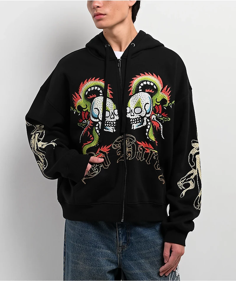 Ed Hardy Dragon Skull Rhinestone Black Zip Hoodie