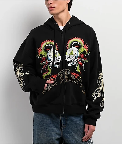 Ed Hardy Dragon Skull Rhinestone Black Zip Hoodie