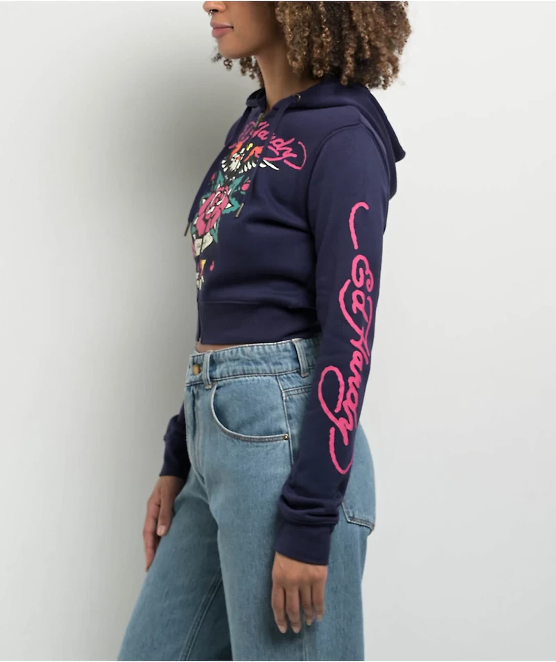 Ed Hardy Eagle Rose Navy Crop Zip Hoodie