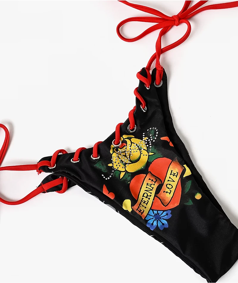 Ed Hardy Eternal Love Rhinestone Black High Leg Bikini Bottom