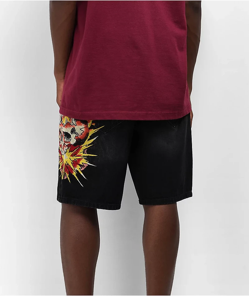 Ed Hardy Exploding Skull Black Denim Shorts