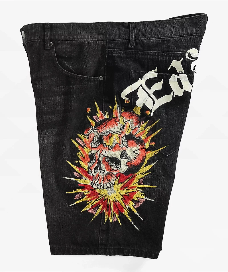 Ed Hardy Exploding Skull Black Denim Shorts