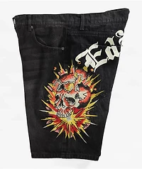 Ed Hardy Exploding Skull Black Denim Shorts