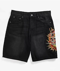 Ed Hardy Exploding Skull Black Denim Shorts