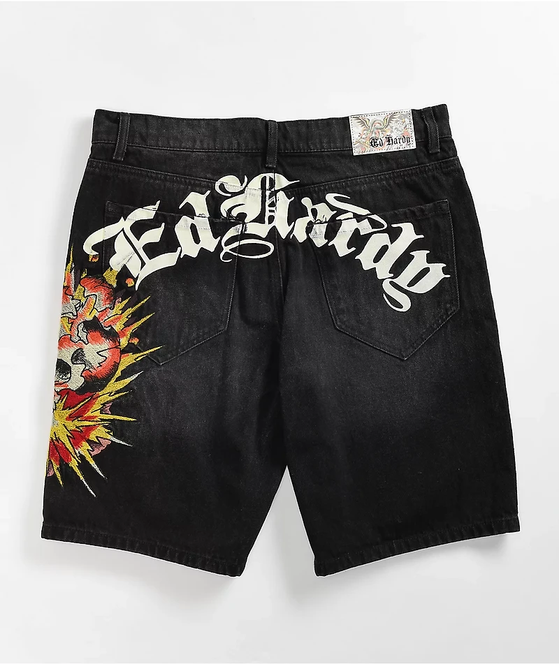 Ed Hardy Exploding Skull Black Denim Shorts