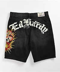 Ed Hardy Exploding Skull Black Denim Shorts