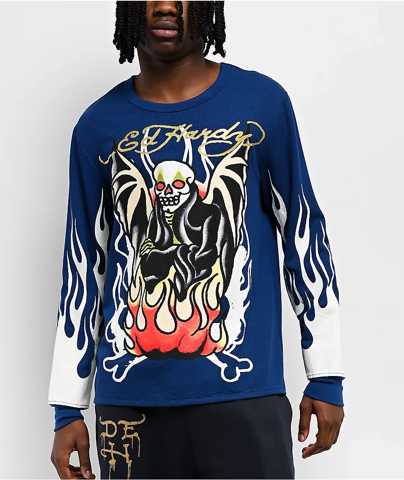 Ed Hardy Fire Lord French Blue Thermal Long Sleeve T-Shirt