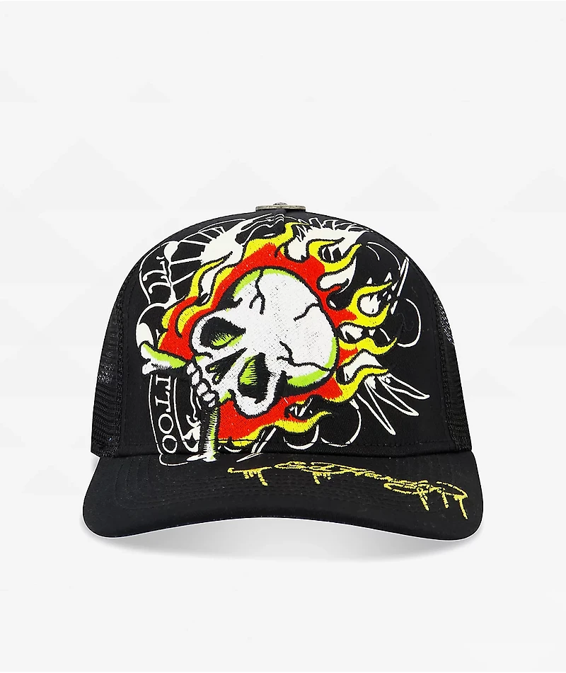 Ed Hardy Fire Skull Black Trucker Hat
