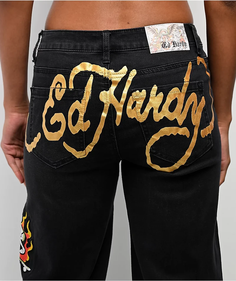 Ed Hardy Fire Skull Black Wide Leg Jeans