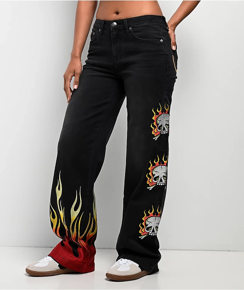 Ed Hardy Fire Skull Black Wide Leg Jeans