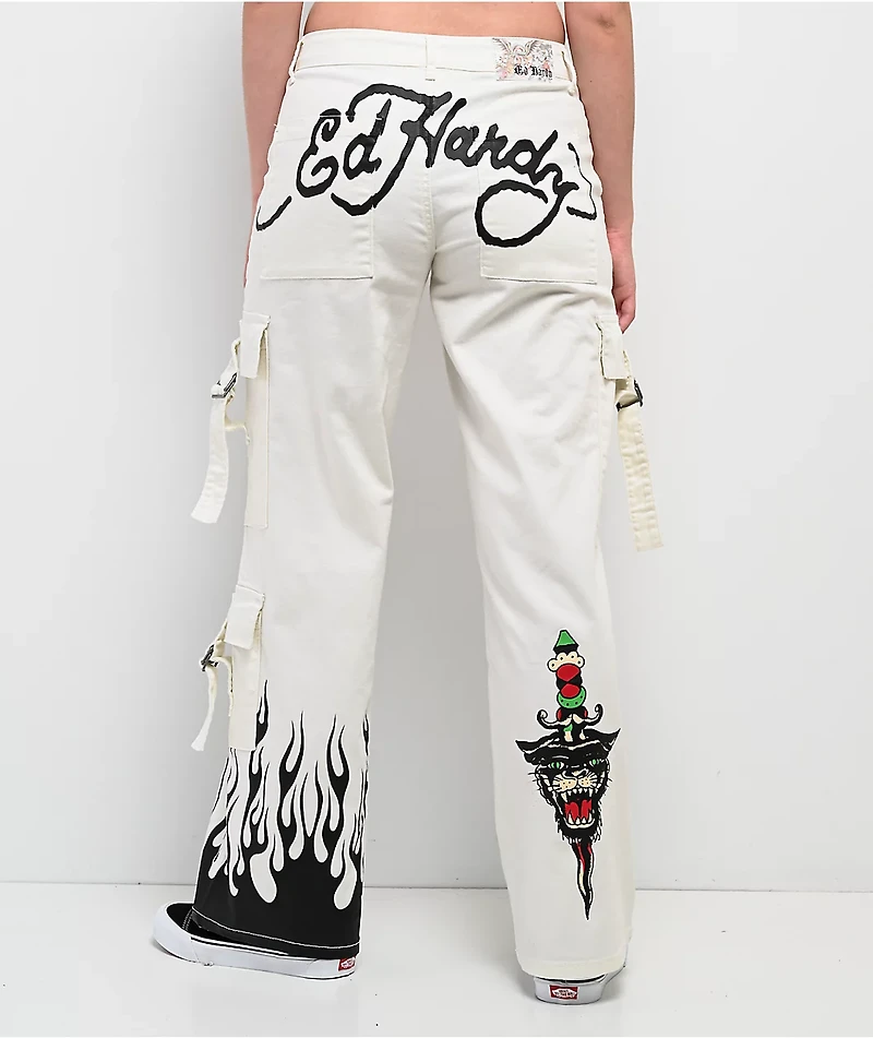 Ed Hardy Fire Skull White Cargo Pants