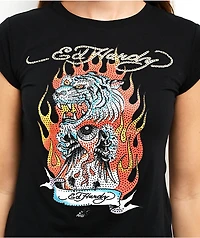 Ed Hardy Fire Tiger Rhinestone Black Cap Sleeve T-Shirt