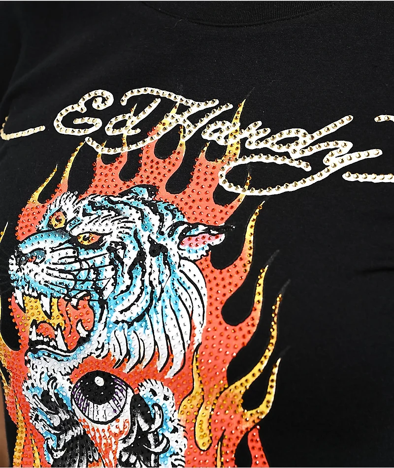 Ed Hardy Fire Tiger Rhinestone Black Cap Sleeve T-Shirt