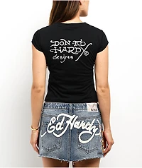 Ed Hardy Fire Tiger Rhinestone Black Cap Sleeve T-Shirt