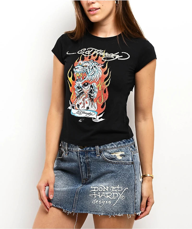 Ed Hardy Fire Tiger Rhinestone Black Cap Sleeve T-Shirt