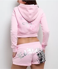Ed Hardy Flame Cross Pink Ballerina Crop Zip Hoodie