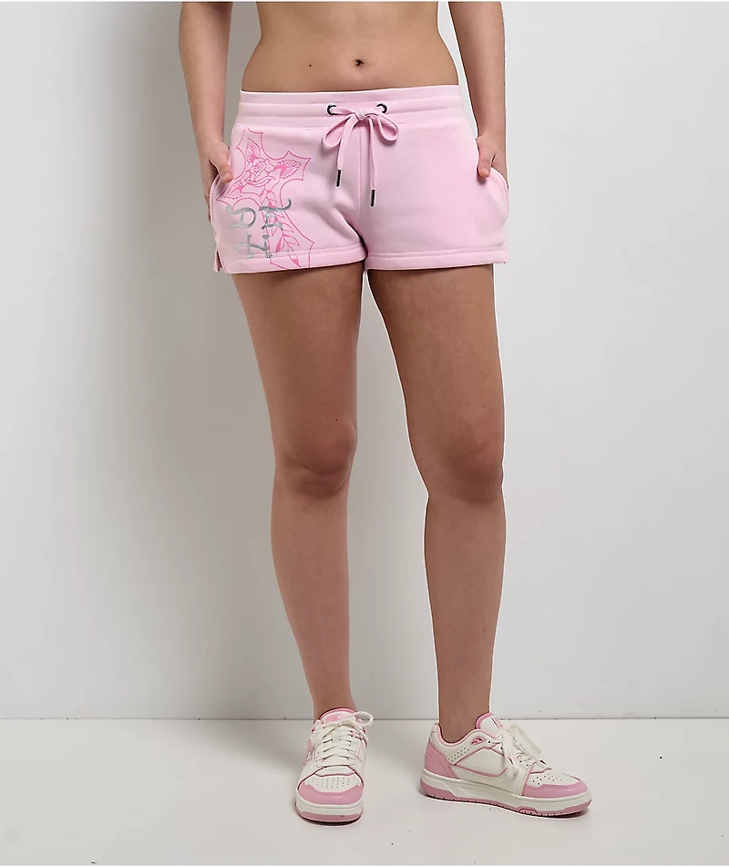 Ed Hardy Flame Cross Pink Ballerina Sweat Shorts