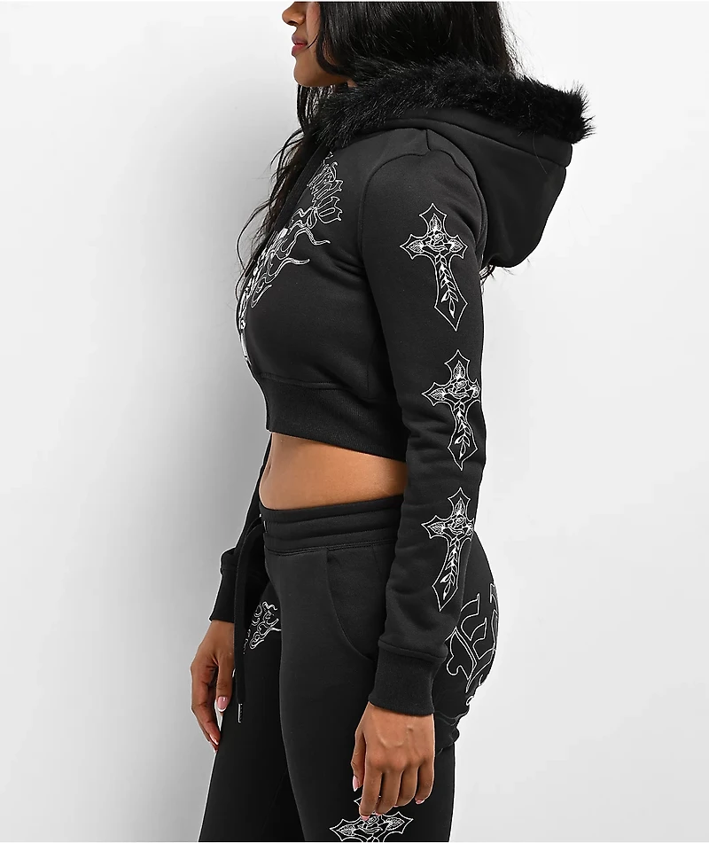 Ed Hardy Flame Cross Y2K Faux Fur Black Crop Zip Hoodie
