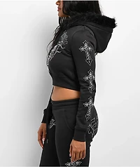 Ed Hardy Flame Cross Y2K Faux Fur Black Crop Zip Hoodie