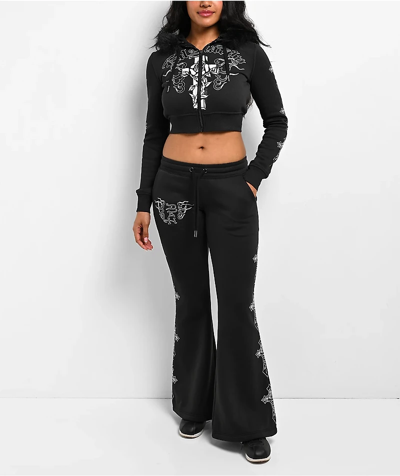 Ed Hardy Flame Cross Y2K Faux Fur Black Crop Zip Hoodie