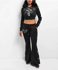 Ed Hardy Flame Cross Y2K Faux Fur Black Crop Zip Hoodie