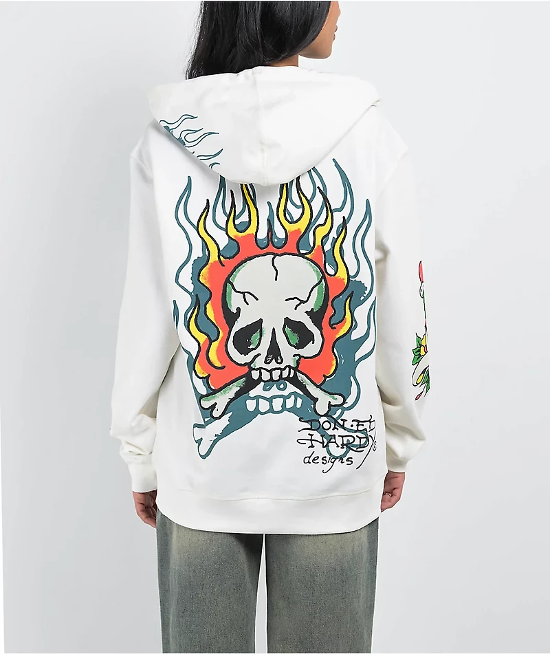 Ed Hardy Flame Skull Ivory Zip Hoodie