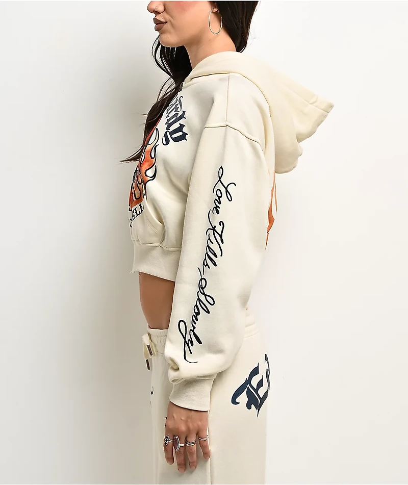 Ed Hardy Flames Cream Crop Zip Hoodie