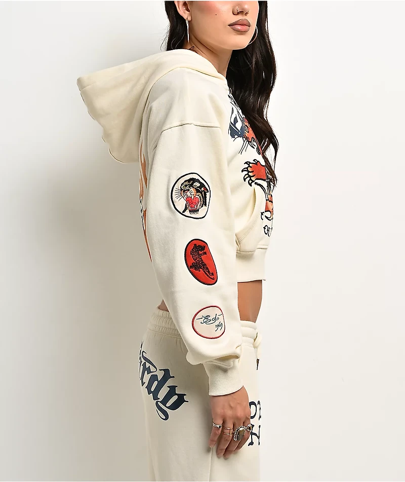 Ed Hardy Flames Cream Crop Zip Hoodie