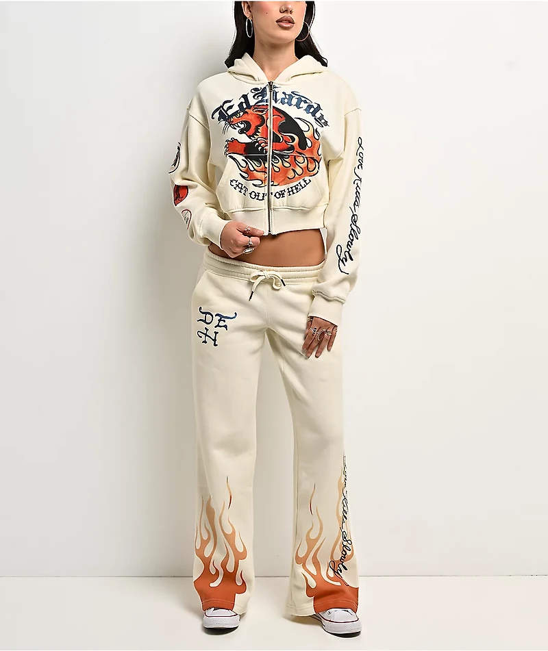 Ed Hardy Flames Cream Crop Zip Hoodie