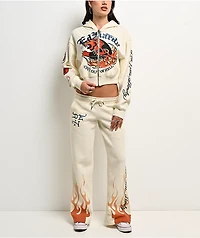 Ed Hardy Flames Cream Crop Zip Hoodie