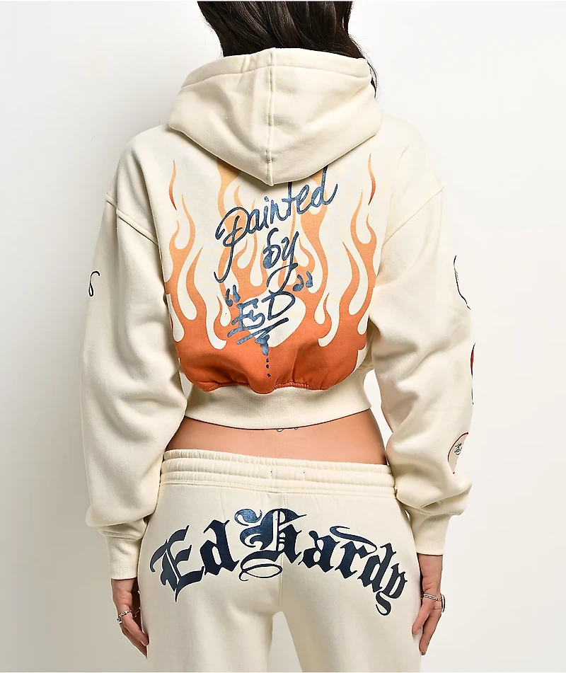 Ed Hardy Flames Cream Crop Zip Hoodie