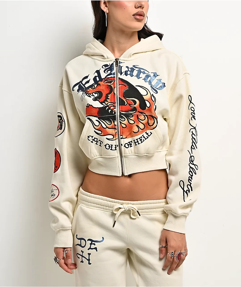 Ed Hardy Flames Cream Crop Zip Hoodie