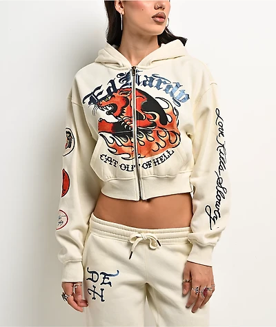 Ed Hardy Flames Cream Crop Zip Hoodie