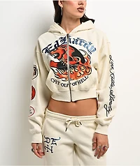 Ed Hardy Flames Cream Crop Zip Hoodie