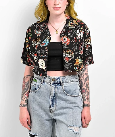 Ed Hardy Flashboard Black Crop Button Up Shirt