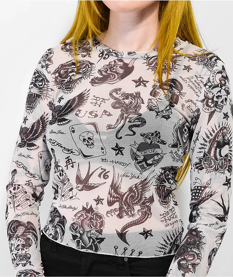 Ed Hardy Flashboard Grey Mesh Long Sleeve Crop T-Shirt