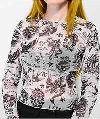 Ed Hardy Flashboard Grey Mesh Long Sleeve Crop T-Shirt