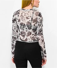 Ed Hardy Flashboard Grey Mesh Long Sleeve Crop T-Shirt