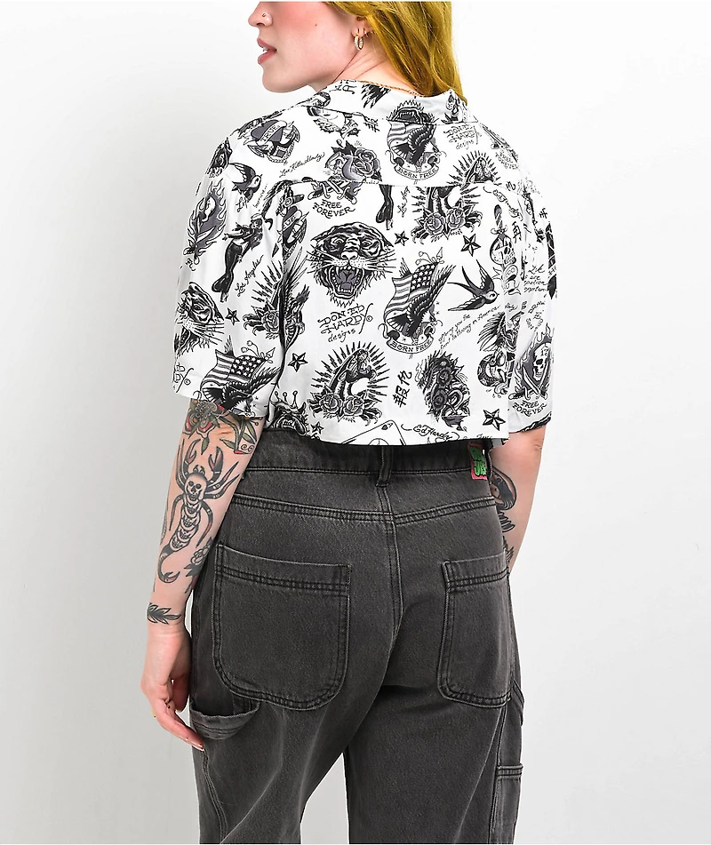 Ed Hardy Flashboard White Crop Button Up Shirt
