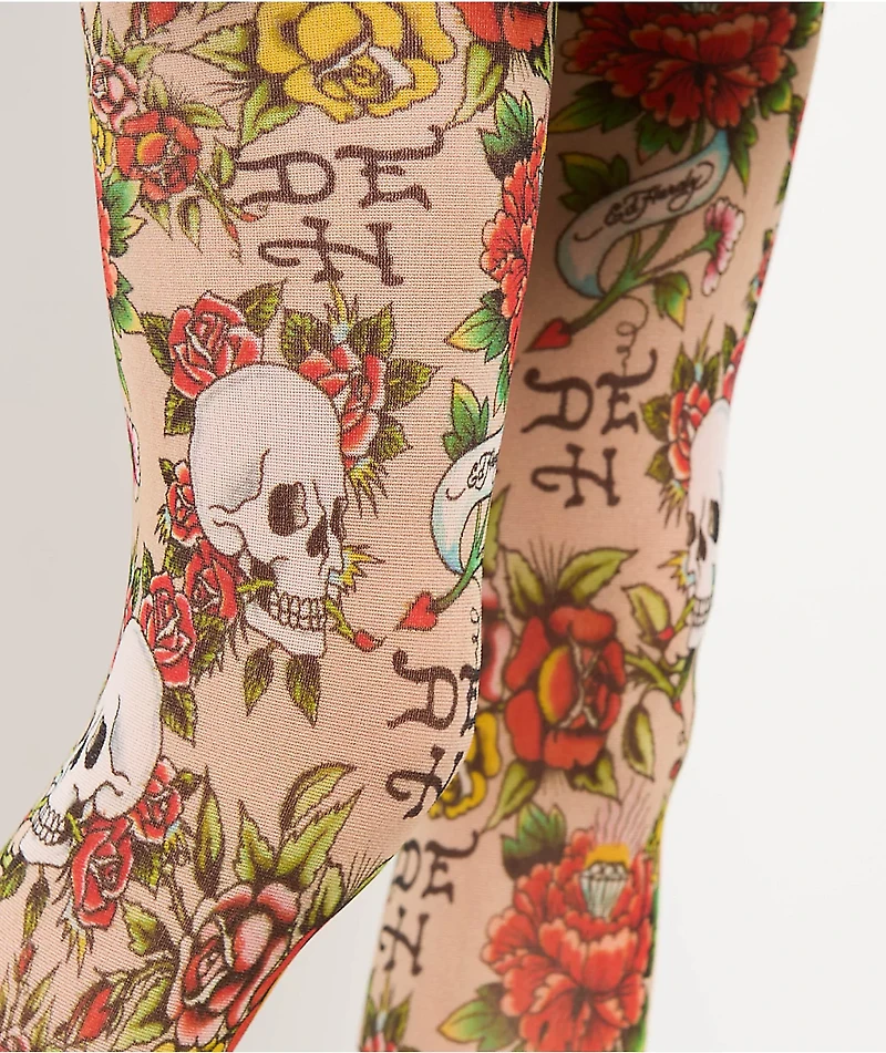 Ed Hardy Floral Tattoo Sheer Nude Tights