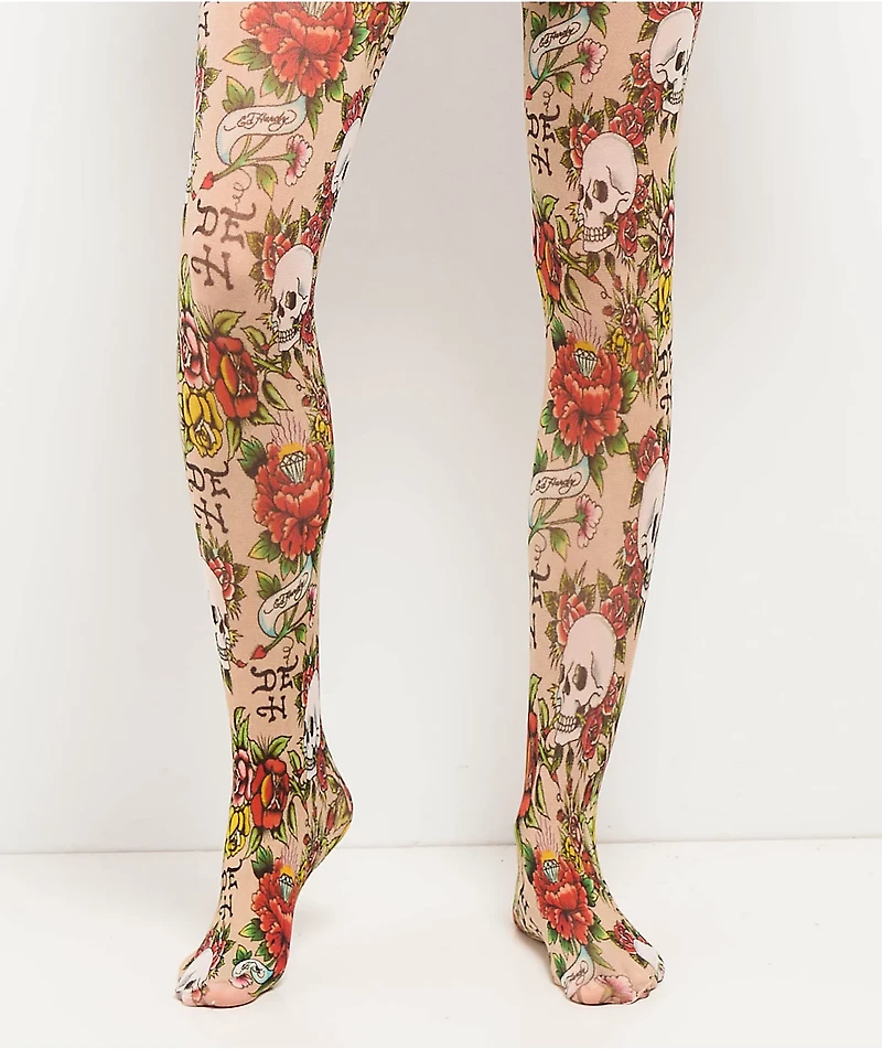 Ed Hardy Floral Tattoo Sheer Nude Tights